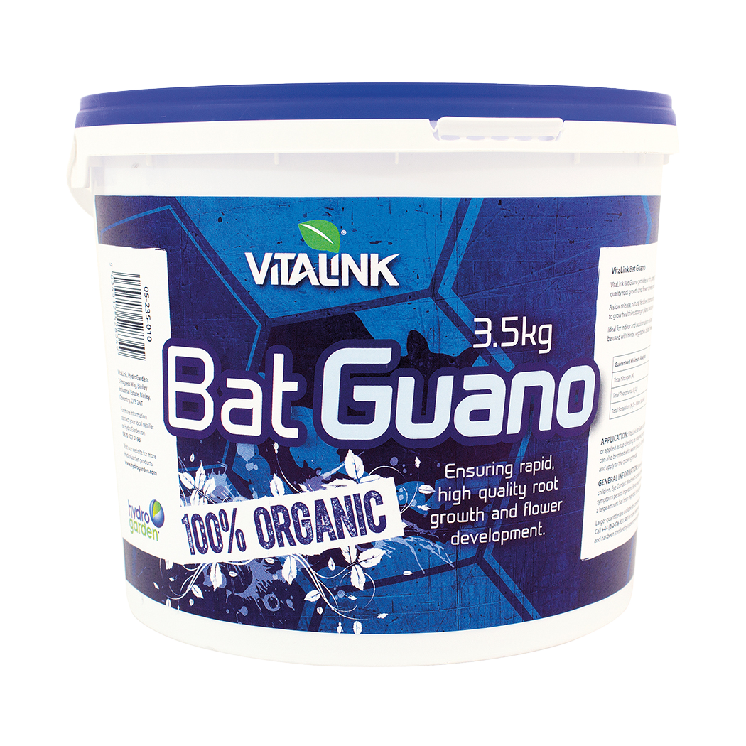 Vitalink Bat Guano container with blue and white label on a white background