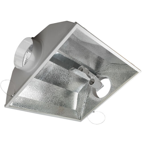 A silver air cooled reflector hood for hydroponic growing systems.