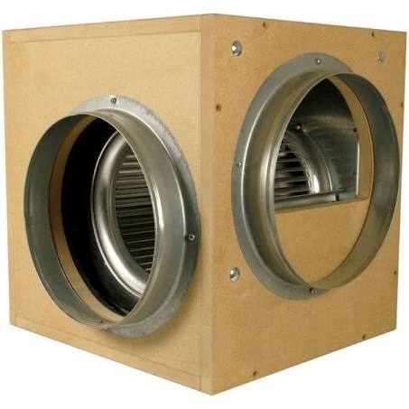 A beige-colored acoustic box fan with a 6 inch diameter, featuring a metal frame and a cylindrical sound dampening chamber.