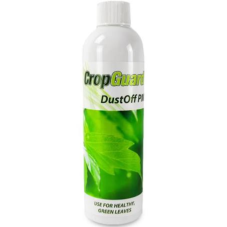 A bottle of Crop Guard Dust Off 250ml, primarily white in color with green accents and text indicating its use for healthy, green leaves.