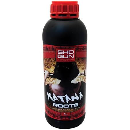 A bottle of Shogun Katana Roots fertilizer with a red cap and label featuring a black and white katana design.