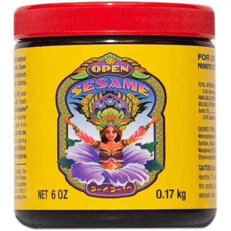 A container of Open Sesame plant booster with a colorful label featuring a graphic of a woman and floral elements.