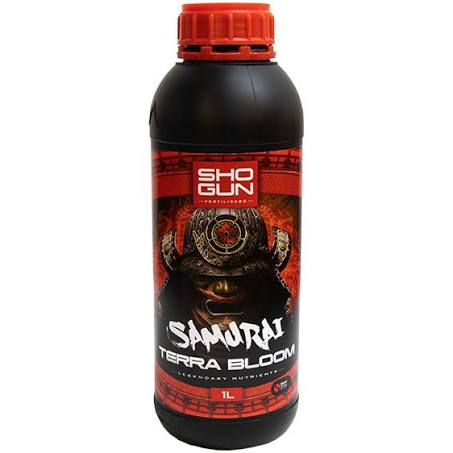 A bottle of Shogun Samurai Terra Bloom fertilizer with a red label featuring an image of a samurai helmet.