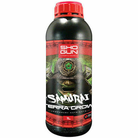 A black bottle of Shogun Samurai Terra Grow fertilizer with a red cap. The label features a stylized samurai helmet and the text 'Samurai Terra Crop' prominently displayed.