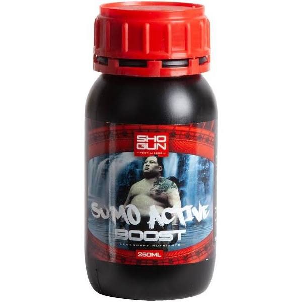 A 250ml bottle of Shogun Sumo Active Boost, a flowering booster for plants, with a label featuring a black and red color scheme and an image of a man.