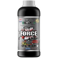 A bottle of Biogreen X Force silicon booster and plant strengthener with red and white label.