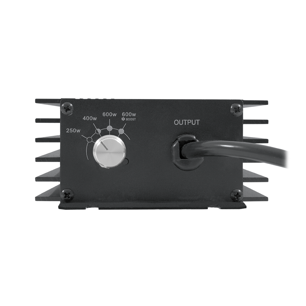Black electronic component with power output indicators on a white background