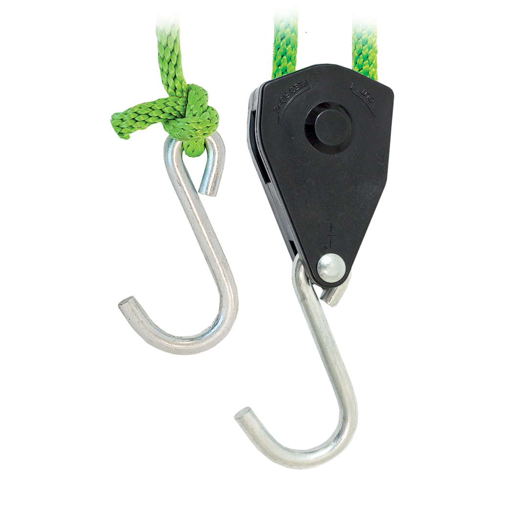 Sling hook with green rope on a white background