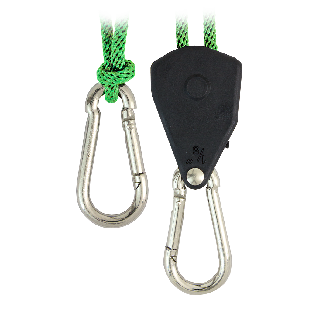 Two carabiners with green ropes attached to a black clip on a white background