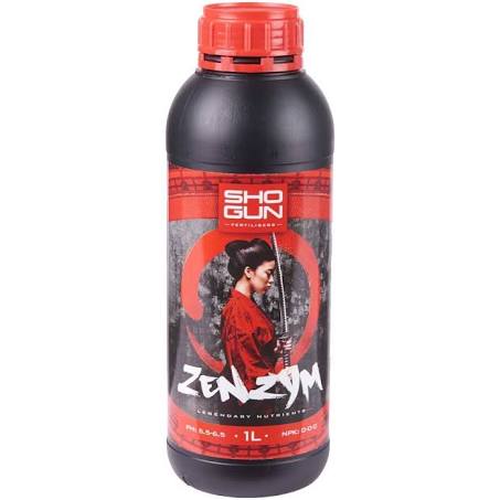 A black bottle with a red label featuring an image of a woman in a red kimono, branded as 'Shogun Zenzym', with text indicating it is a 1 litre product.