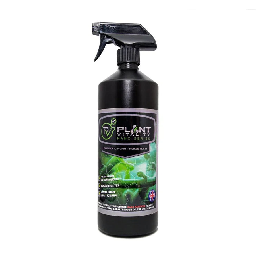 A black bottle with a spray nozzle labeled 'Plant Anabolic Plant Roids' indicating it is a concentrated growth enhancer for plants.