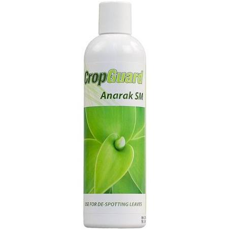 A bottle of Crop Guard Anarak 250ml, with a label featuring green leaf imagery and text indicating the product is a plant revitalizer and mite control.