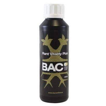 A bottle of Plant Vitality Plus by BAC, with a black label featuring gold and white design elements, indicating a 250ml quantity.