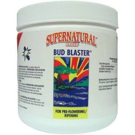 A container of Supernatural brand Bud Blaster, designed for pre-flowering and ripening stages of plant growth.