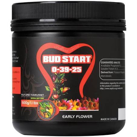 A container of Bud Start 500g, a phosphorus and potassium fertilizer designed for hydroponic gardening, with a black label featuring product information and branding.