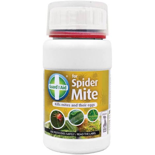 A bottle of Guard n aid Spider Mite, a pesticide product designed for use on plants to control spider mites and their eggs.