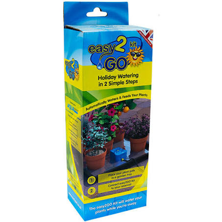 A product packaging for easy2GO holiday watering kit, with illustrations of potted plants and the watering system in operation.