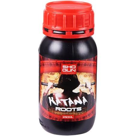 A bottle of Shogun Katana Roots, a rooting hormone product, with a red cap and label featuring an image of a person holding a katana.