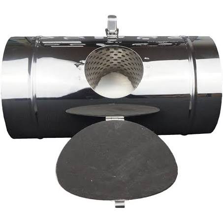 A silver-colored cylindrical air filter with a circular perforated section and a black, solid-looking base.