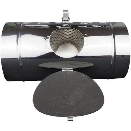 A silver air filter with a black circular element and a perforated surface, likely used for air exhaust in gardening systems.