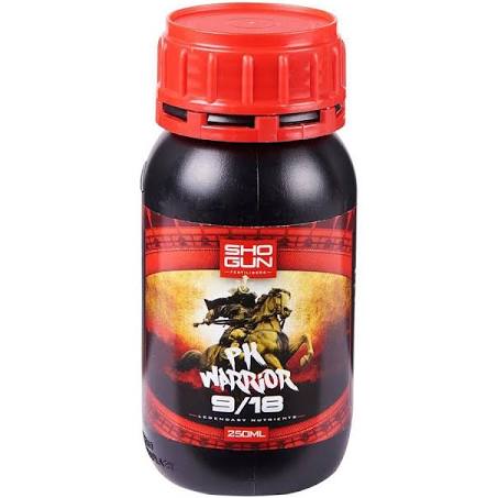A bottle of Shogun pk warrior 9/18 fertilizer with a red cap and a label featuring a stylized warrior character.