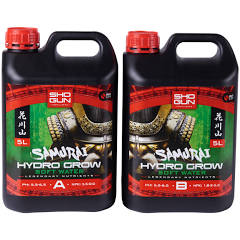 Two black bottles of SHOGUN Samurai Hydro Grow A&B, a hydroponic nutrient, with red and green labeling