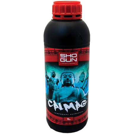 A black plastic bottle with a red cap labeled 'Shogun Gun' for calcium magnesium with an illustration of a shogun in a traditional Japanese outfit on the label.