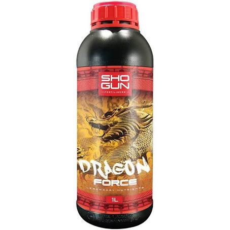 A black bottle of Shogun Dragon Force liquid fertilizer with a red cap and a golden yellow dragon illustration on the label.