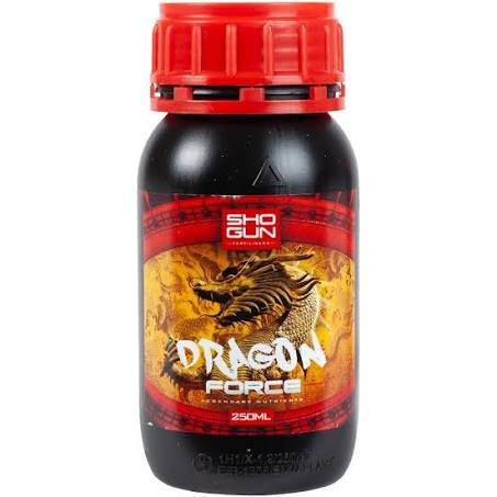 A bottle of Shogun Dragon Force plant growth enhancer with a red cap and a label featuring a golden dragon illustration.