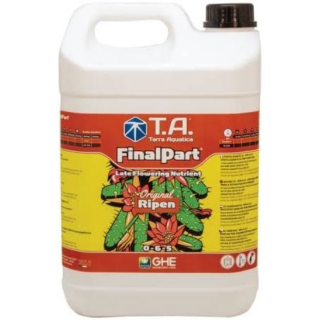 A 5-liter bottle of T.A. Terra Aquatica Final Part ripen with a red and yellow label featuring illustrations of plants.