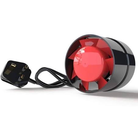 A red and black axial-flow fan with a slim profile, featuring a central motor unit connected to a circular fan blade via a power cable with a UK plug.