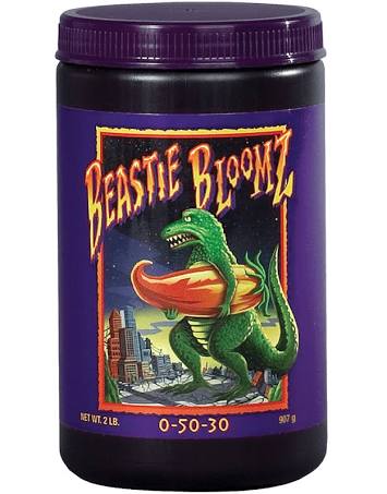 A container of Beastie Bloomz with a label featuring an illustration of a dinosaur holding a flower, with a cityscape in the background.