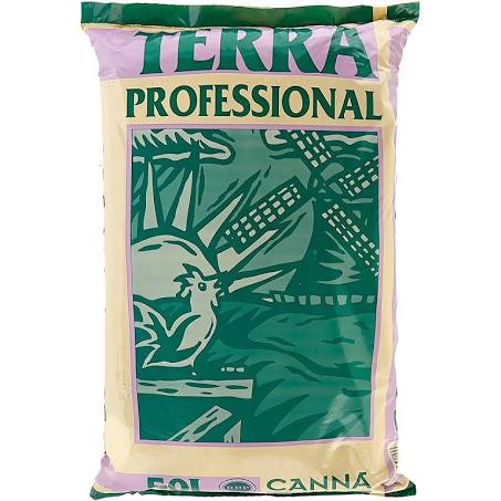 A bag of CANNA Terra Professional Soil, predominantly green in color with an image of a chicken and a windmill on the front, indicating a specialized potting mix for plants.