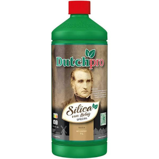 A green bottle of Dutch Pro Silica fertilizer with an image of a man on the label.