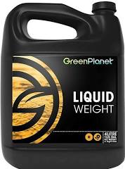 A black plastic container labeled 'GreenPlanet Liquid Weight' with a gold and white design, commonly used for gardening purposes.