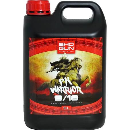 A 5-liter container of Shogun brand liquid fertilizer with a ratio of 9/18, featuring a graphic of a warrior on a horse.