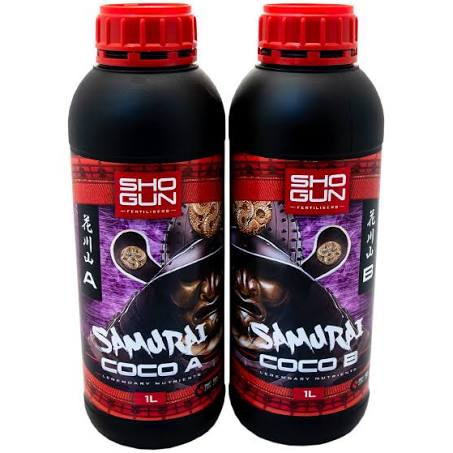 Two bottles of Shogun Samurai Coco A&B fertilizer with a samurai helmet design on the label.