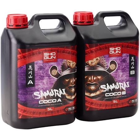 Two 5-liter containers of Shogun Samurai Coco A&B fertilizer with a predominantly purple label featuring a samurai helmet graphic.