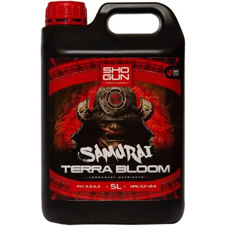 A 5-liter bottle of Shogun Samurai Terra Bloom fertilizer with a predominantly red label featuring a samurai helmet graphic.