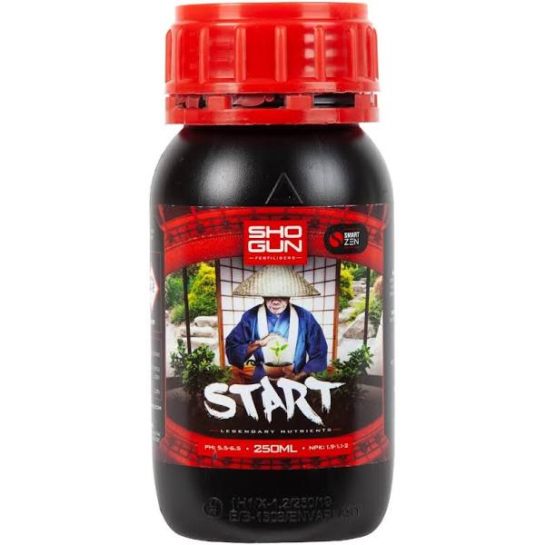 A black bottle of Shogun Start fertilizer with a red cap, featuring a label with an image of a person tending to a garden and text detailing the product's use for cuttings and seedlings.