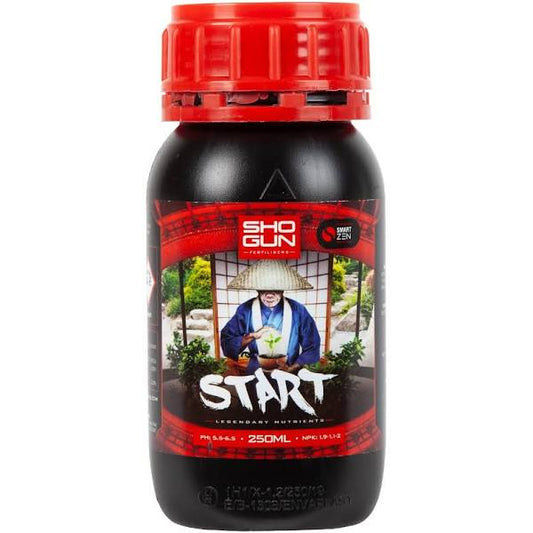 A black bottle of Shogun Start fertilizer with a red cap, featuring a label with an image of a person tending to a garden and text detailing the product's use for cuttings and seedlings.
