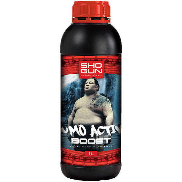 A bottle of Shogun Sumo Active Boost 1 litre, a flowering booster for gardening, with a label featuring an image of a sumo wrestler.